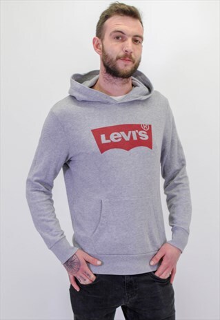 VINTAGE LEVI'S SPELL OUT LOGO HOODIE IN GREY LARGE