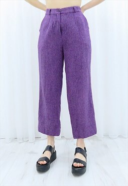 90s Vintage Purple Wool High Waisted Trousers (Size L)