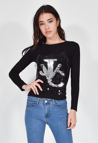 VERSACE JEANS COUTURE T-SHIRT BLACK GLITTERED CASUAL