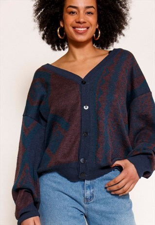 VINTAGE 80'S BLUE PATTERNED KNIT CARDIGAN