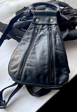 90's Black Real Leather Triangle Backpack / Rucksack 