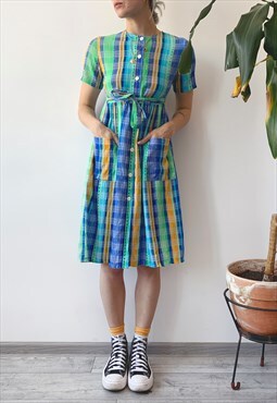Vintage 90's Summer Green Blue Check Button Up Midi Dress