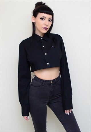 Y2K RETRO BLACK REWORKED CROPPED TOMMY HILFIGER SHIRT
