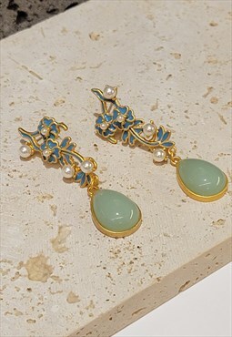 Imitation Jade Flower Branch Vintage Earrings