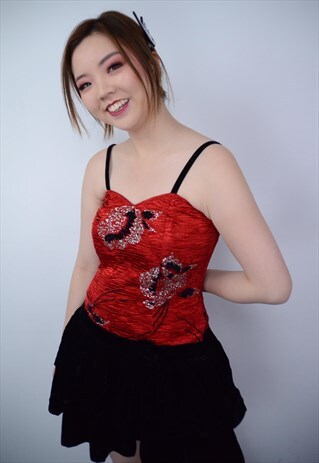 VINTAGE 80S PARTY MINI DRESS RED BLACK VELVET GLITTERY
