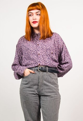 VINTAGE 90'S PURPLE FLORAL PATTERN LONG SLEEVE SHIRT