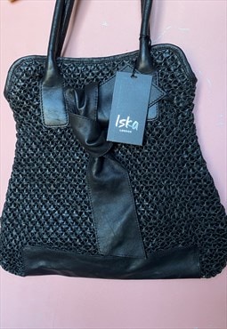 Black All Leather Tote Bag Woven front ,  with leather , 