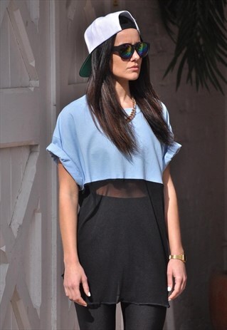 OVER SIZED BABY BLUE BLACK SHEER TRIM CROP TSHIRT DRESS TOP