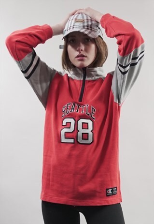 VINTAGE 90'S RED/ GREY ZIP-UP CHAMPION SWEATER