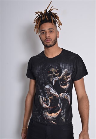 VINTAGE GRIM REAPER HEAVY METAL GRAPHIC PRINT T-SHIRT BLACK