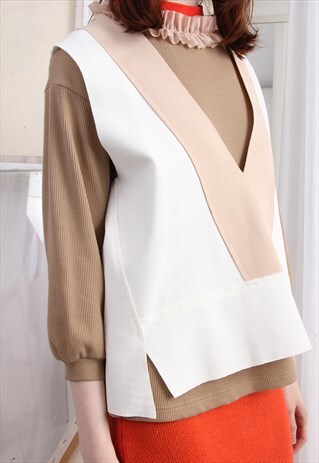 (KOREAN) CONTRAST V-NECK BOXY JERSEY VEST IVORY