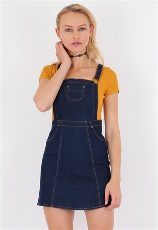 DARK DENIM DUNGAREE PINAFORE DRESS
