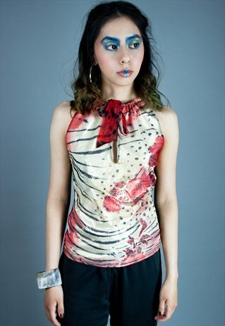 VINTAGE 00S Y2K ANIMAL FLORAL PRINT HALTER NECK TOP IN BLACK