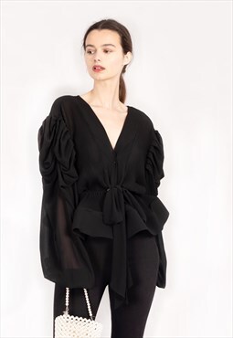 Black Frill sleeves blouse bow tie up front with mesh hem