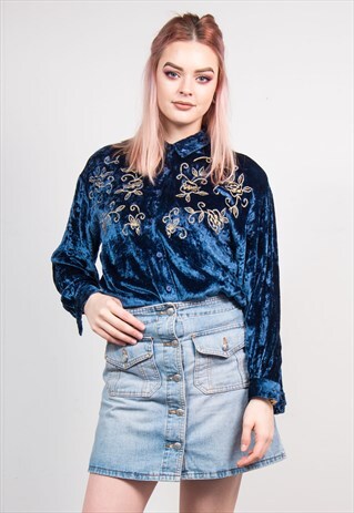 VINTAGE 90'S BLUE EMBROIDERED PATTERN VELVET SHIRT