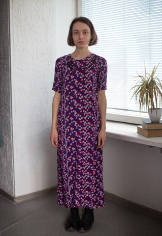VINTAGE 70'S MAXI PATTERNED SHORT SLEEVED DRESS