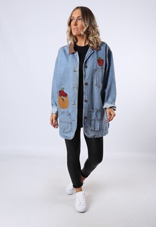 DENIM JACKET EMBROIDERED OVERSIZED FITTED UK 14 (FBCM)