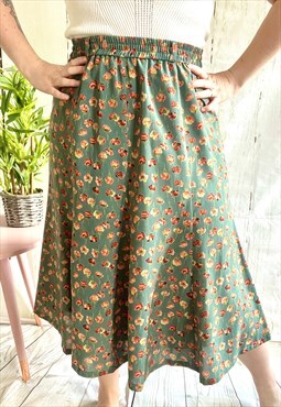 Vintage Green Teal Floral 90's Midi Skirt