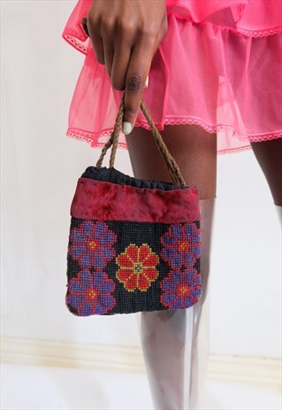 VINTAGE 1900S EDWARDIAN EMBROIDERED FLORAL MINI BAG
