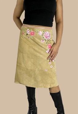 Vintage Y2K Suede Midi Skirt with Embroidered Flower Pattern