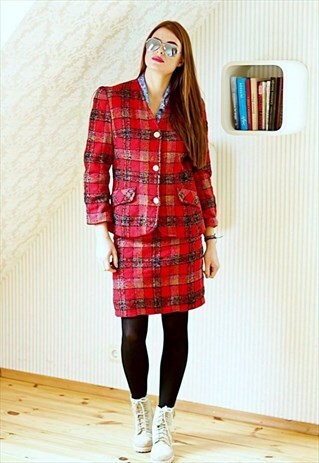 RED CHECKED VINTAGE WOOL SKIRT AND JACKET SUIT