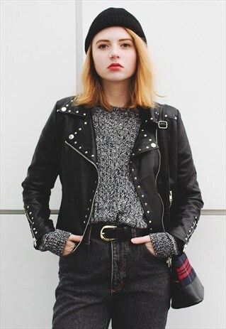 STUDDED MOTO ZIP FAUX LEATHER JACKET