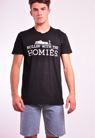 VINTAGE ROLLIN' WITH THE HOMIES PRINTED BLACK T-SHIRT