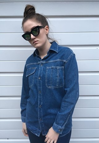 WOMENS VINTAGE 80S 90S CALVIN KLEIN DENIM SHIRT TOP BLOUSE