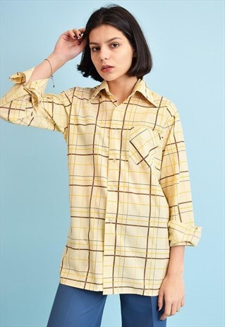 70'S RETRO MOD CHECKED PLAID SHIRT TOP BLOUSE