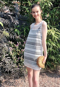Crochet Lace Beach Dress in Cream/White Floral Print