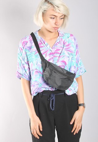 VINTAGE 90S BLACK CANVAS FESTIVAL CROSS BODY BUM BAG BUMBAG