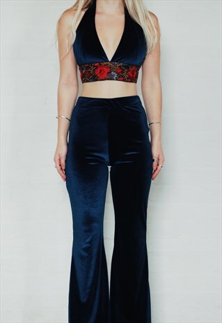 NAVY BLUE VELVET CO-ORD SET WITH FLARES AND HALTERNECK