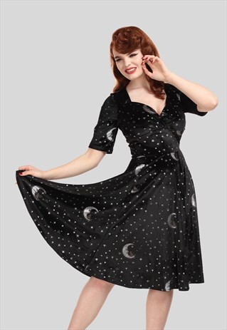 TRIXIE BLACK VELVET MIDI SKATER DRESS VINTAGE STYLE