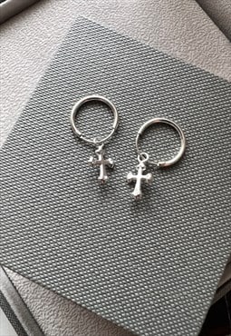 Small Cross hoop huggie earrings for men 12mm 