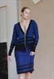 VINTAGE 80S FORMAL DEEP V BUTTON UP STRIPED SKIRT SUIT IN M