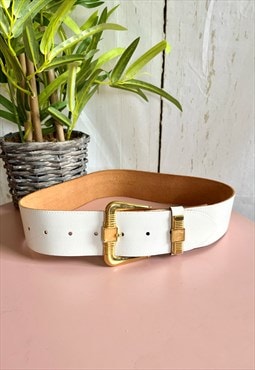 Vintage Leather White & Gold Buckle 80's Thick Belt