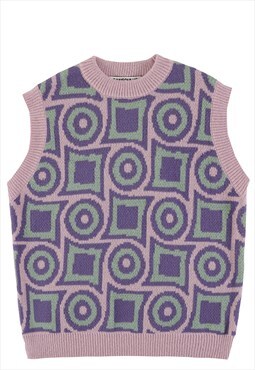 Geometric print sleeveless sweater preppy cardigan in purple
