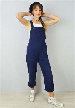 French Workwear Cotton Dungarees Full Length Navy Blue