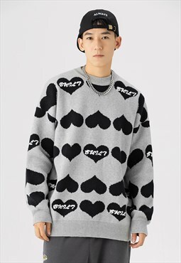 Hearts print knitwear love jumper in grey black