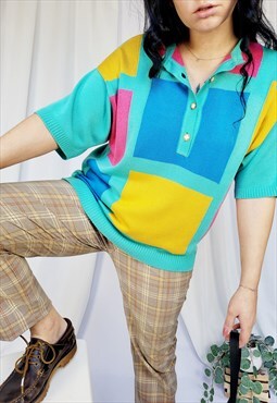 Vintage 80s colorful geometric button collar knitted blouse