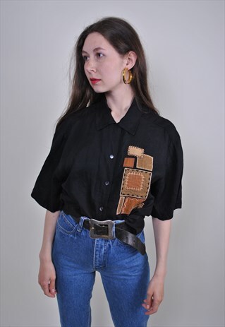 VINTAGE BLACK GEOMETRIC BLOUSE, 80S HERITAGE SHIRT