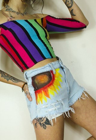 REWORKED FESTIVAL SUNFLOWER DENIM SHORTS