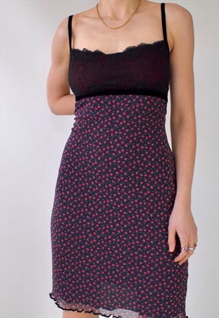 VINTAGE 90S STRAPPY FLORAL SHEER OVERLAY LACE BUST DRESS