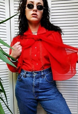 Vintage 80s red sheer sleeve bow collar shirt blouse