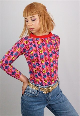 VINTAGE HANDMADE STRETCH COTTON 3/4 SLEEVES TOP