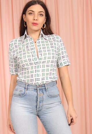 VINTAGE 70S WHITE SHORT SLEEVE BLOUSE WITH BELT PRINT