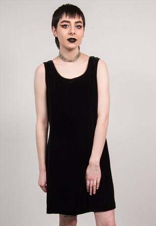 VINTAGE 90'S BLACK VELVET SLEEVELESS SHIFT MINI DRESS