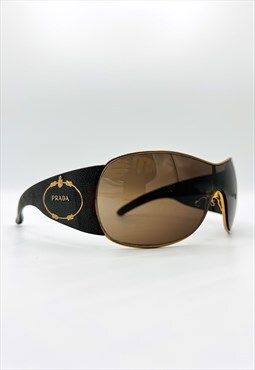 Prada Sunglasses Shield Brown Gold Oversized Ski Visor Wrap 
