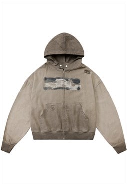Grunge hoodie vintage wash pullover utility top in brown