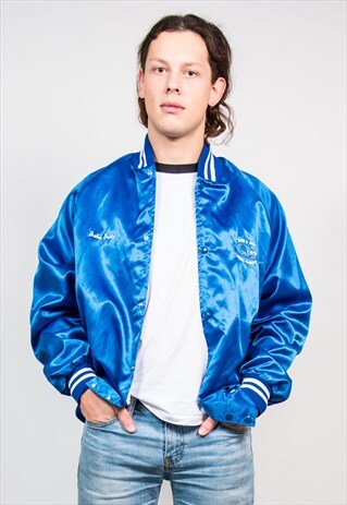 VINTAGE 90'S BRIGHT BLUE USA BASEBALL BOMBER JACKET